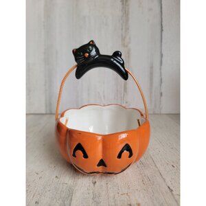 Ceramic pumpkin mini basket black cat handle Halloween home decor